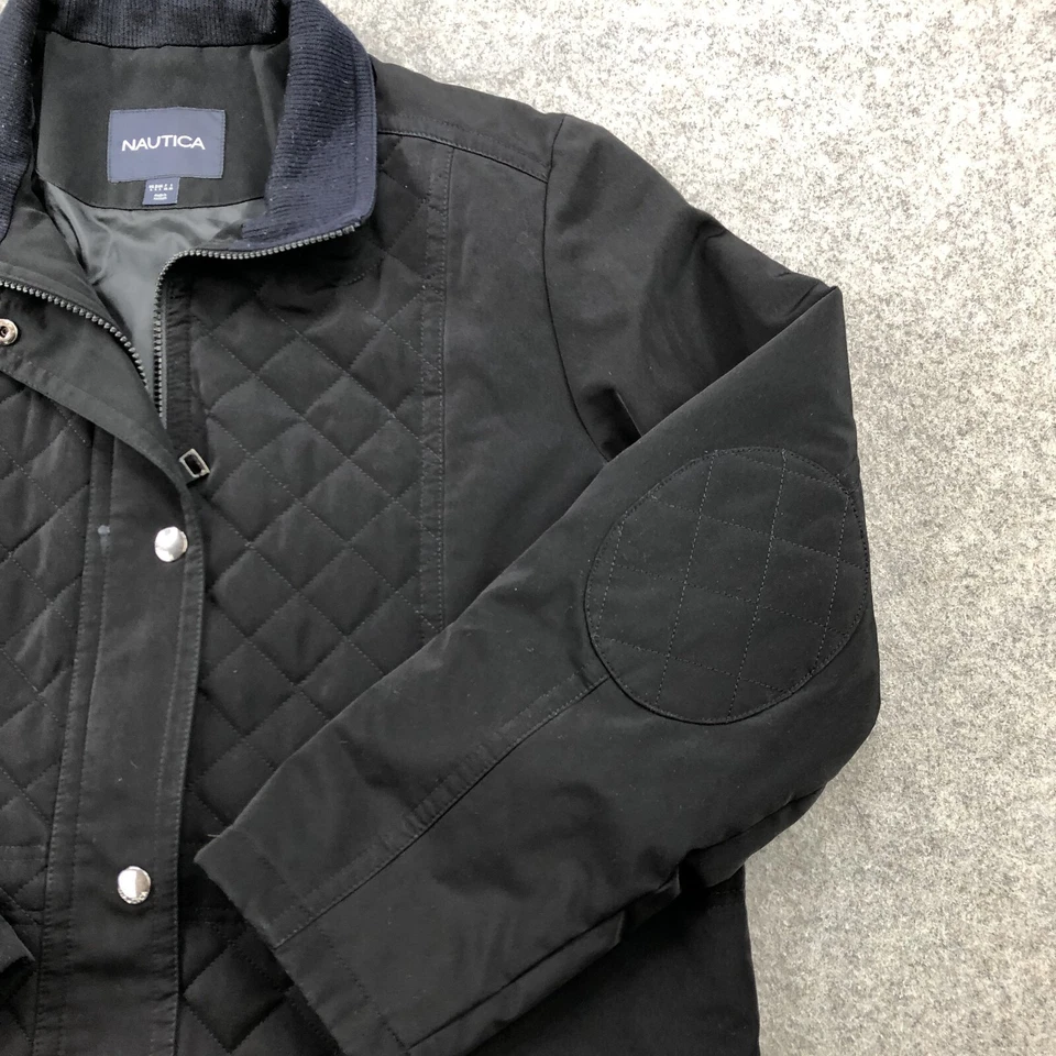 Chaqueta Nautica para mujer grande negra sobre abrigo acolchada a presión informal coderas Foto 3 de 4