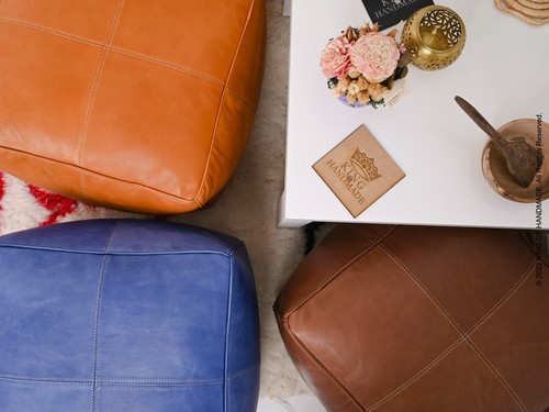 STUFFED Footstool , Moroccan Leather Pouf , Leaving room decor , Bohemian Decor - Picture 5 of 10