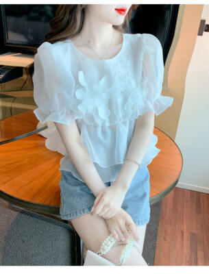 Summer Women Ruffle Edge Shirt Tops Sweet Short Sleeve 3D