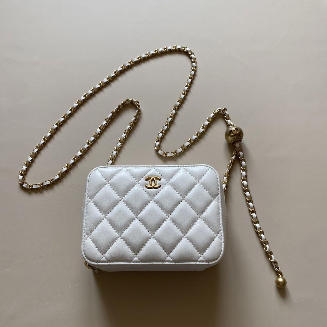 Chanel Mini Matelasse Camera Bag White Crossbody Ball Chain