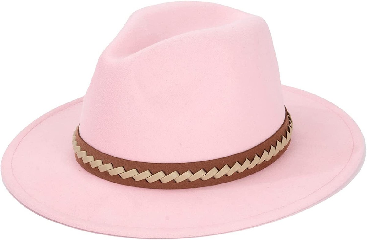 Women Fedora Hat Men Classic Belt Buckle Wide Brim Hat Fashion Wool (Pink)
