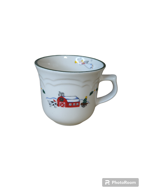 Pfaltzgraff Snow Village Christmas Mug Stoneware Barn Cow Angel Design