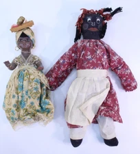 VTG Rag Doll Plastic Handmade Folk Art Cloth Outfit Set of 2 Dark Complexation