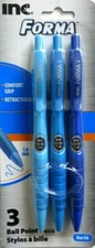 Inc. Forma Retractable Ball Point Pens 1.0 mm,  Pack of 3 Blue Pens (Blue Ink) 