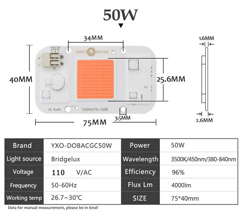 10PCS Driverless COB LED Grow Light 50W 110V Full Spectrum - Blue - Warm - Co...