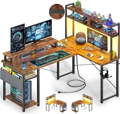 48'' L Shaped Desk Gaming Desk with Power Outlets LED Monitor Stand Rustic