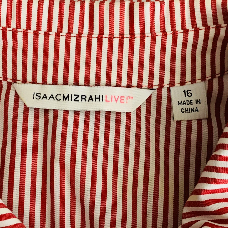 Top Isaac Mizrahi Live para mujer talla 16 rojo blanco a rayas con volantes delanteros abotonados Foto 3 de 4