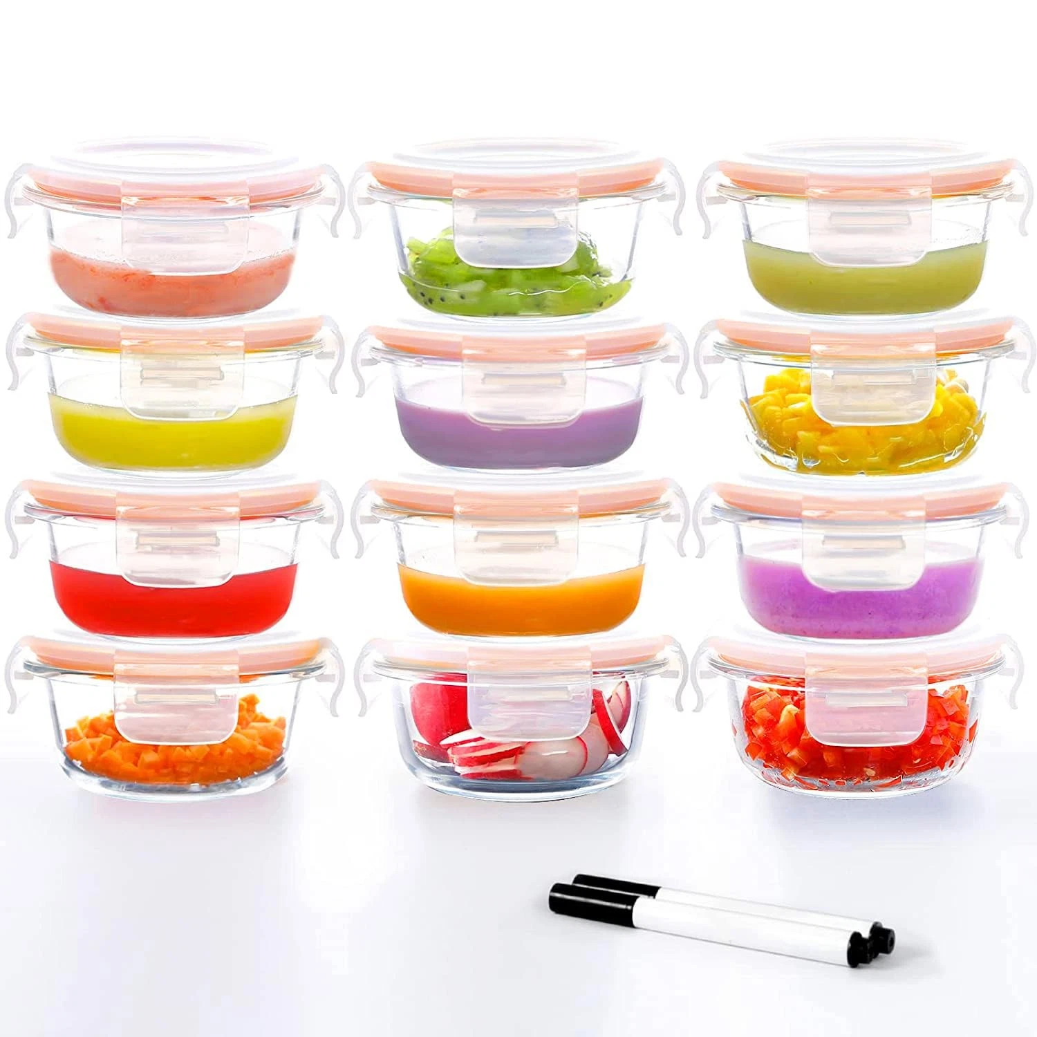 7oz Glass Baby Food Containers, 12 Pack with Leakproof Lids, Stackable, Freez...