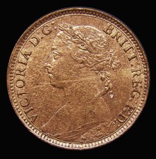Farthing 1885 A/UNC and lustrous, with speckled tone