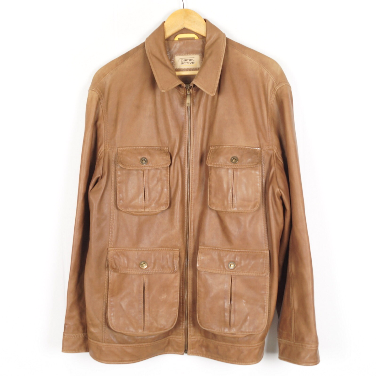 CAMEL ACTIVE Men's Leather Jacket Size 52 Brown Collared Zip Pockets