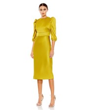 Ieena Mac Duggal Chartreuse Satin Puff Sleeve Midi Dress Size 12 $458