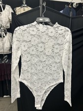 White Floral Lace Bodysuit  Long Sleeve Mock Neck  Sheer Boho Bridal M/S
