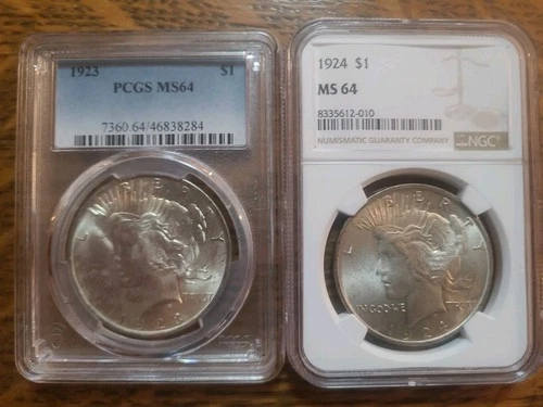 1923 & 1924 Peace Silver Dollars MS64 NGC And PCGS Unknown VAMs