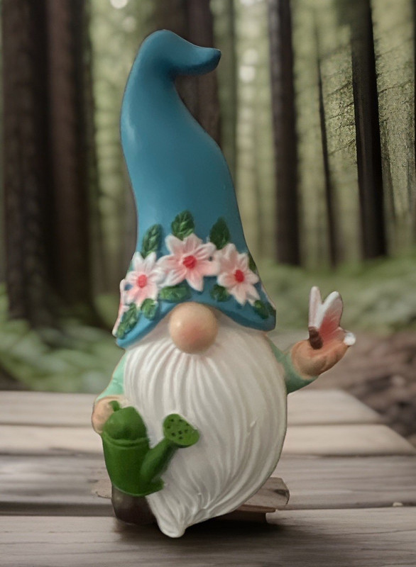 Garden Gnome Figurine Blue Floral Hat White Beard Green Watering Can Fantasy