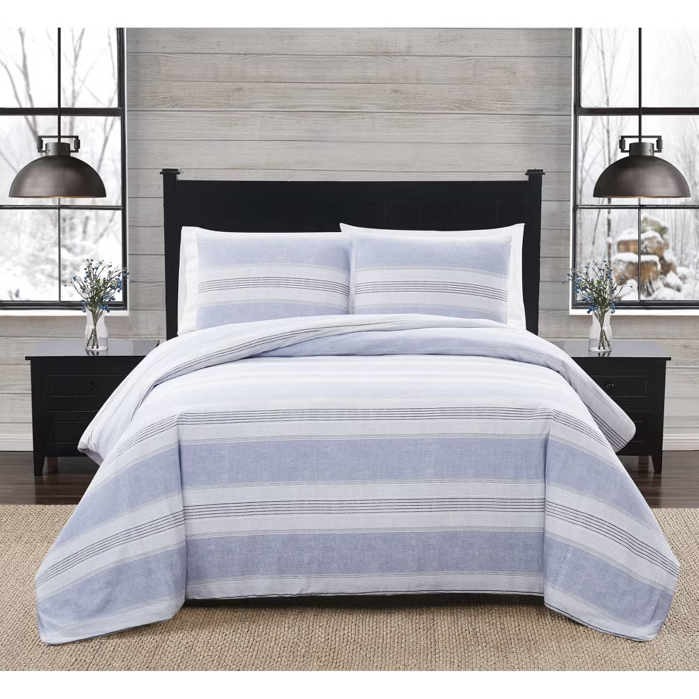 3pc King Stripe Flannel Duvet Cover Set WhiteBlue - London Fog 5490₽
