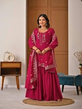 New Launch Vichitra Silk Pink Kurta Palazzo With Dupatta For Functional Wear