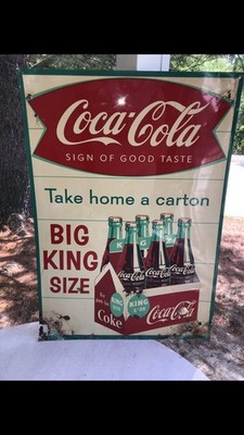 ANTIQUE 1950s  KING SIZE COCA COLA SODA GLASS BOTTLE METAL ART ADVERTISING SIGN