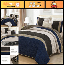 King Size Quilt Set 3 Pieces - Striped Plaid Bedspread, Soft Microfiber Bedding,