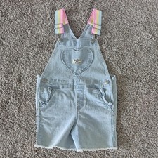 Denim Overalls with Heart Patch And Rainbow Pastel Striped Adjustable Straps