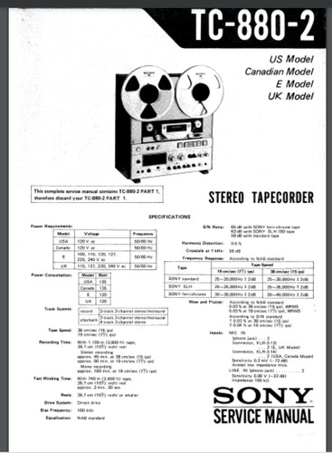 Sony TC-880 2 Reel to Reel Service Owner manual 47 pages Comb bound gloss cover