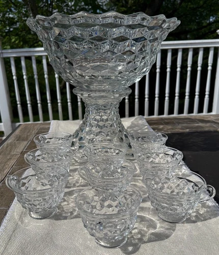 14" Fostoria American Punch Serving Bowl, 7" High Vase Base Stand and 9 Cups