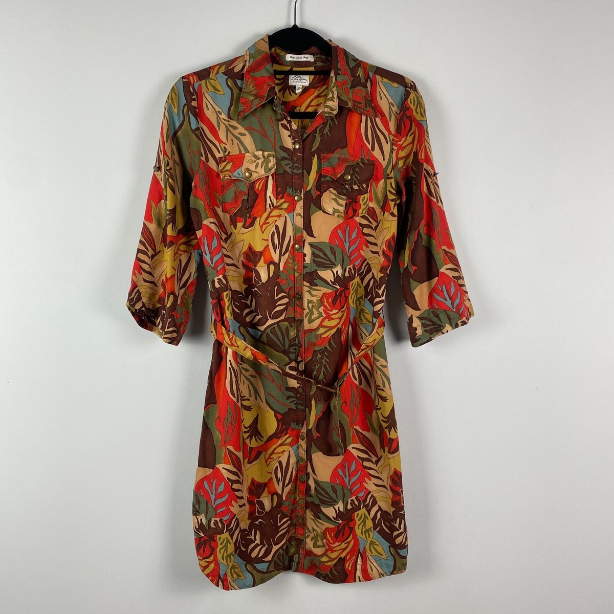 LL Bean Silk Linen Tropical Shirt Dress Size 4 Belted 3/4 Sleeves Button Up
