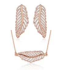 Rose Gold Plate .925 Sterling Silver Cz Leaf Pendant Necklace Earrings Set SS452