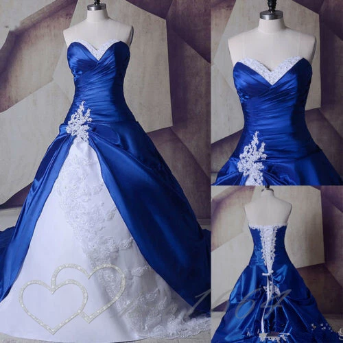 Vintage Royal Blue Wedding Dresses Satin Gothic White Bridal Dress Lace Applique - Picture 2 of 13