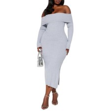 Plus Size, Fashion Nova Silver Ribbed Off-Shoulder Long Sleeve Dress, 2X