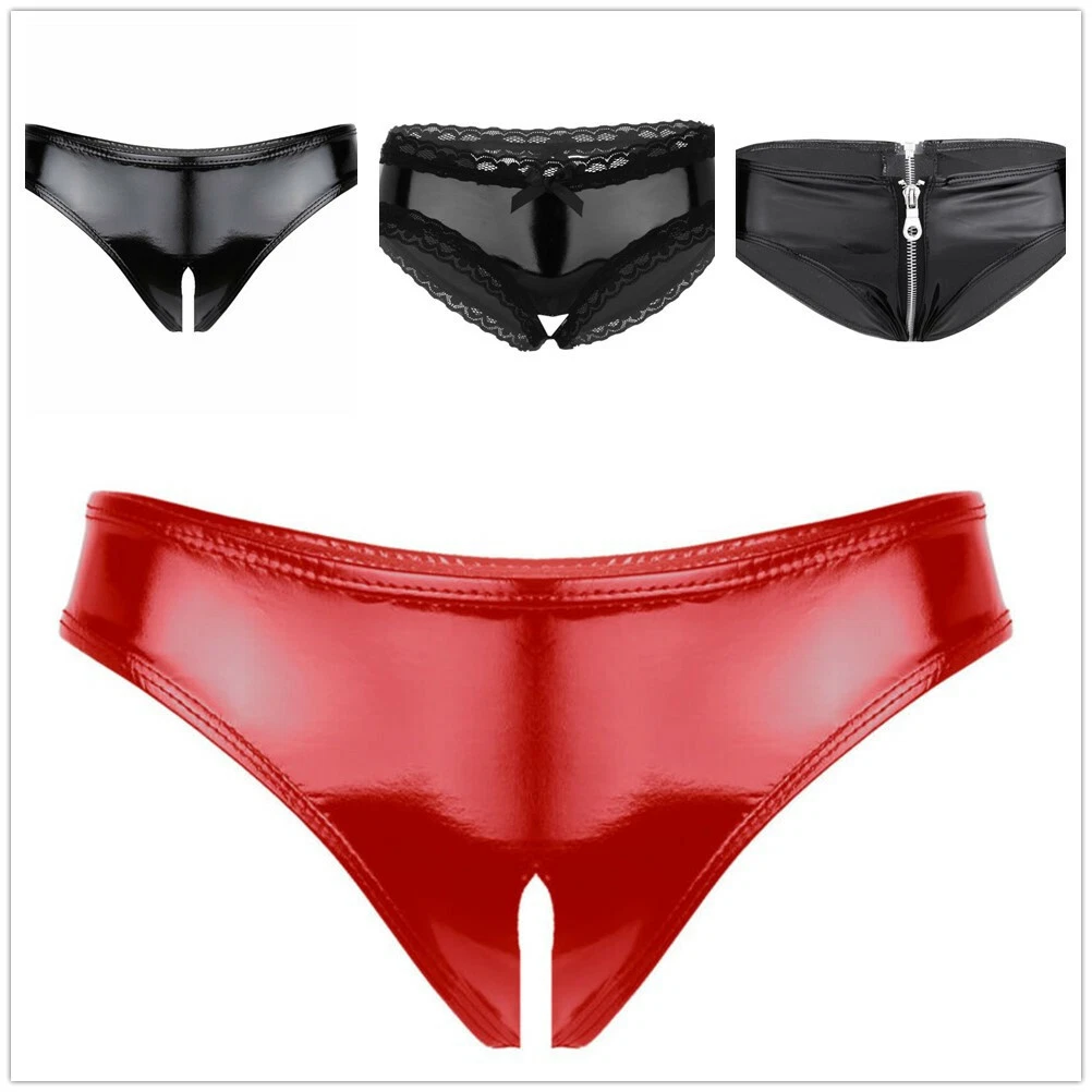 Women's Wet Look Leather Zipper Crotch Hipster Briefs Underwear Panties  #S-XL