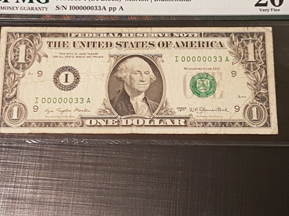 ➡➡1977 SUPER LOW 00000033A FANCY SERIAL NUMBER VF FR-1909-I $1 Minneapolis PMG - Image 4 of 4