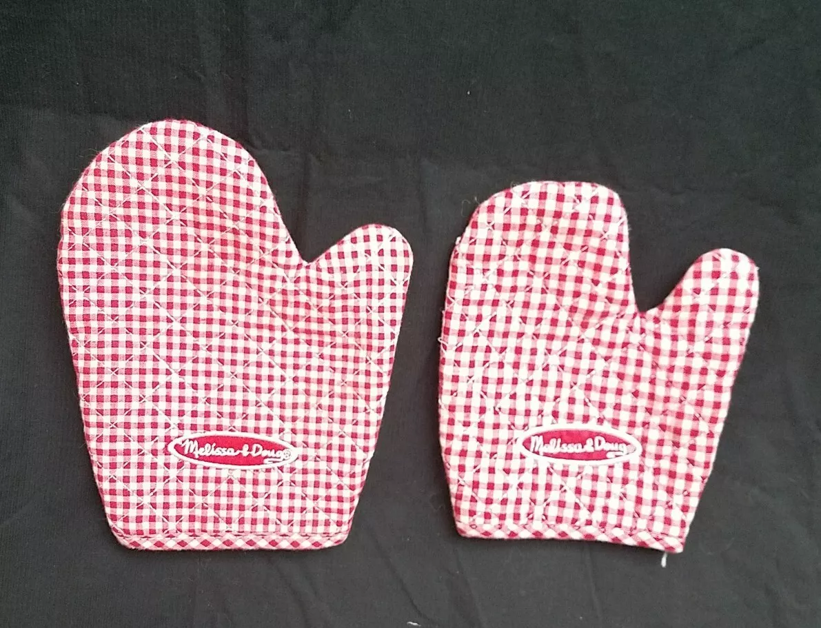 Two (2) MELISSA & DOUG KIDS PRETEND PLAY RED CHECKERED OVEN MITTS