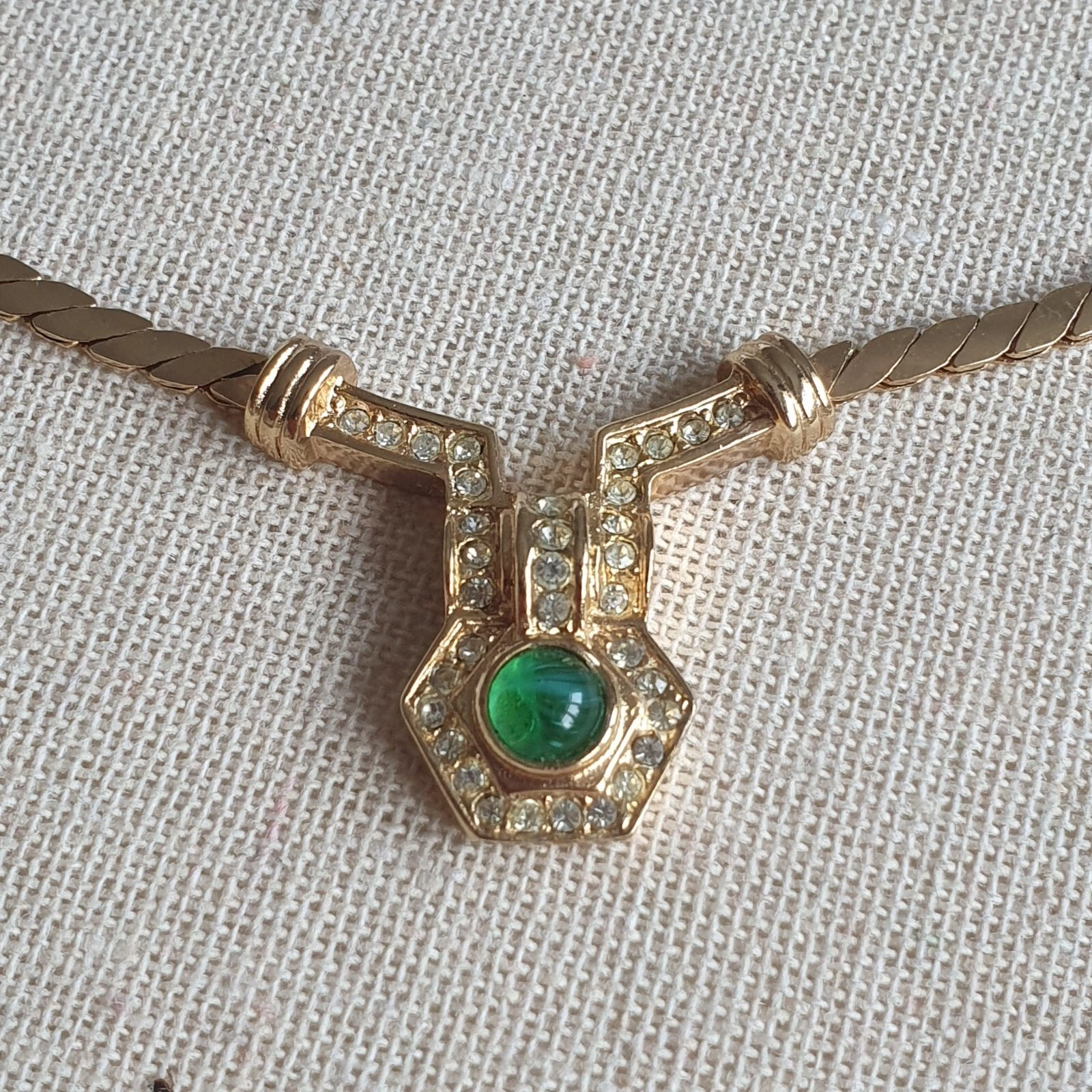 DIOR Collana Catena Piatta Catena Cabochon Pavimentazione Cabochon Verde Vintage anni '70