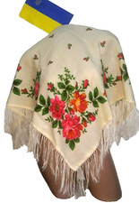 vintage Ukraine White Floral Shawl Vintage Wool Scarf Traditional Chalet