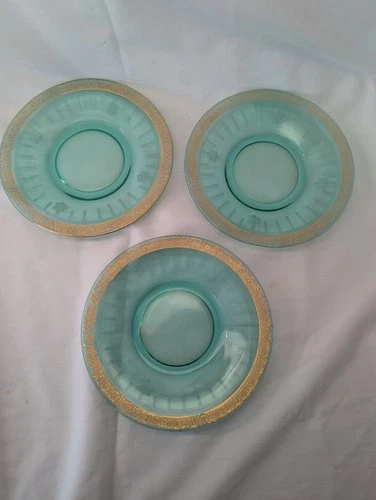 Green Glass Plate 8” Gold Trim. Set Of 3. Etched Depression Era