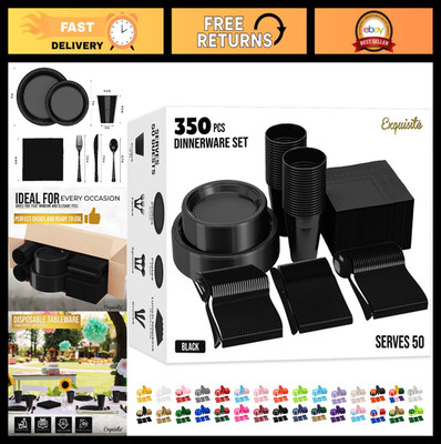 350 Pcs Black Disposable Party Plates Set - 9'' Dinner, 7'' Dessert, Cups & Cutler
