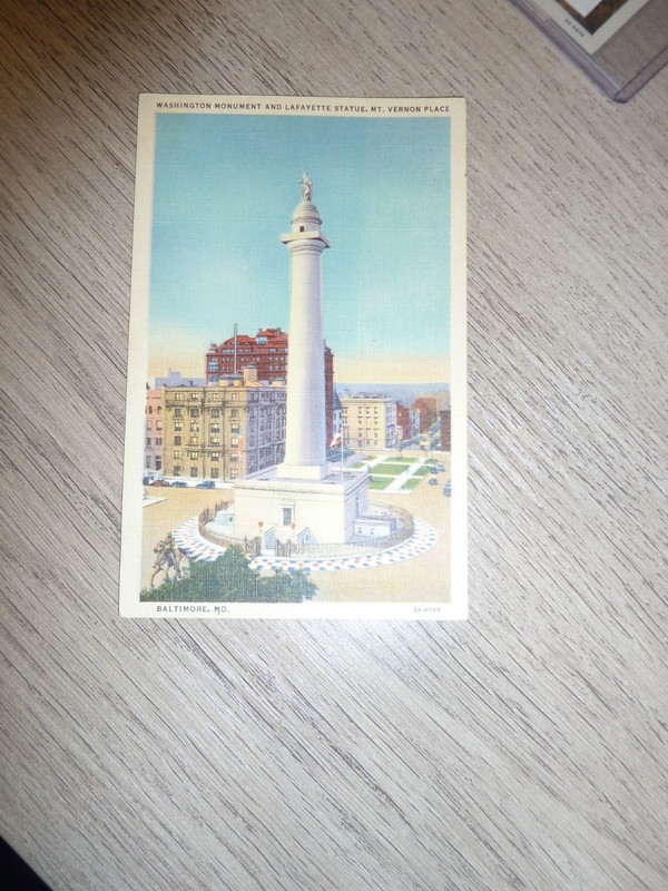 Washington Monument & Lafayette Statue Mt. Vernon Place Post Card.