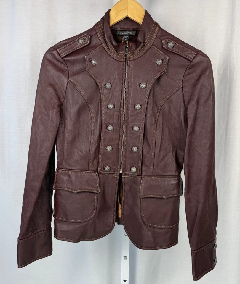 NWOT Bebe 100% Leather XS Jacket Chianti/Burgundy Zip Pockets Steampunk Military - Image 2 of 4