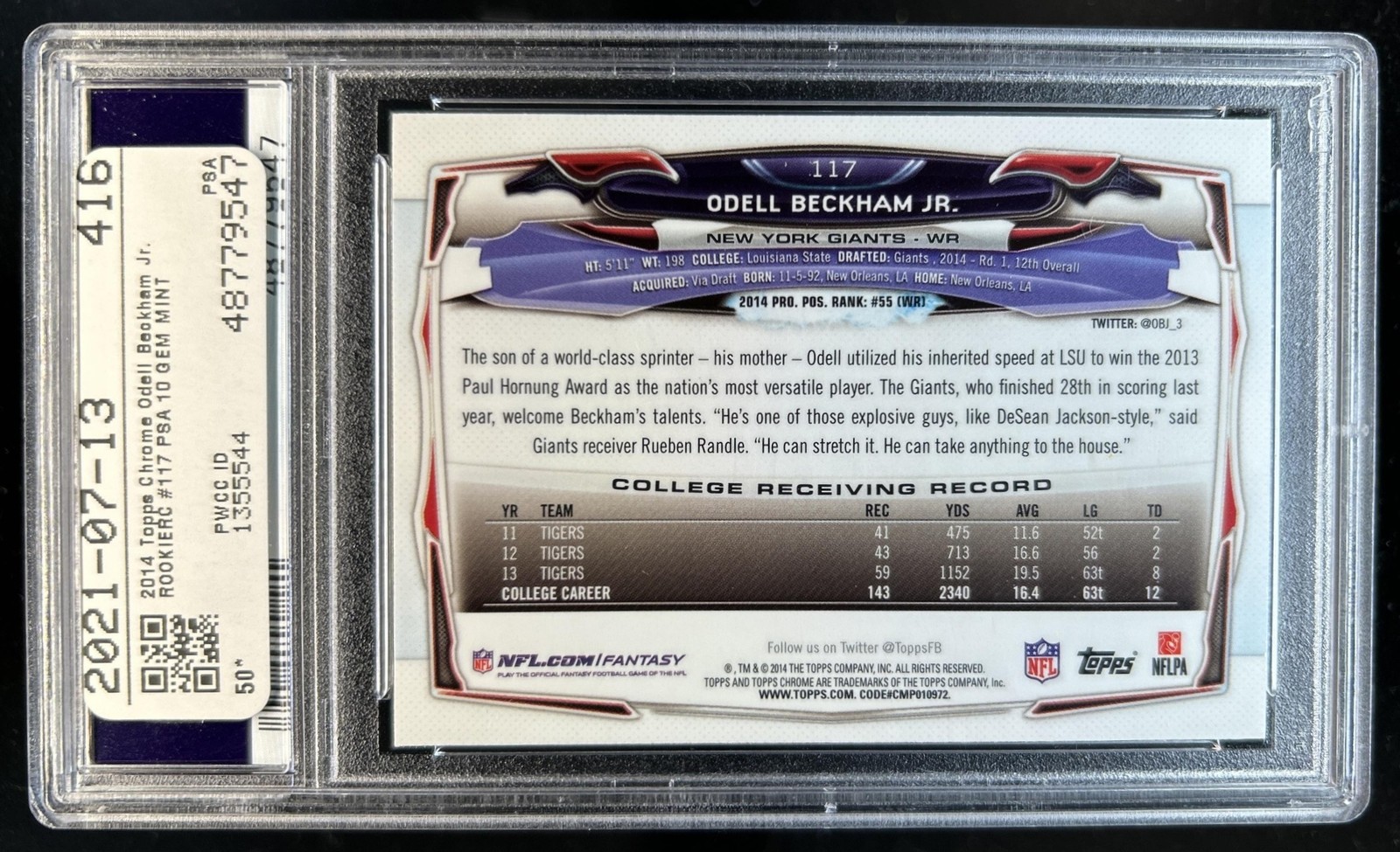 2014 Topps Chrome Odell Beckham Jr. RC Rookie #117 Giants PSA 10 GEM MINT view 2