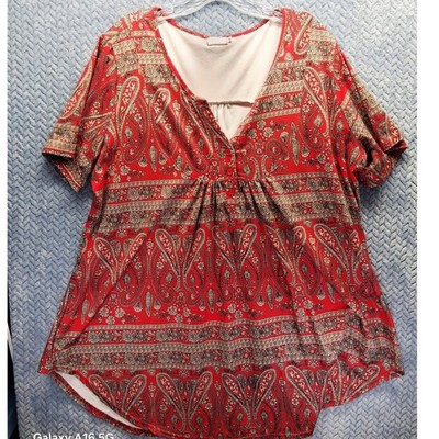 Halife Womens 3XL Red Paisley Floral V-Neck Short Sleeve Button Front Blouse Top