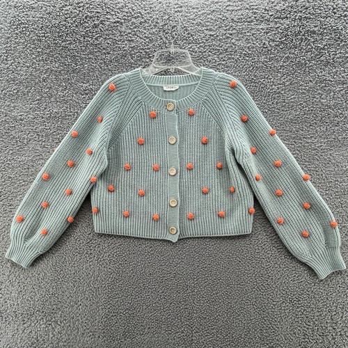 Storia Sweater Small Blue Penny Pom Knit Popcorn Relaxed Boho Crop Cardigan
