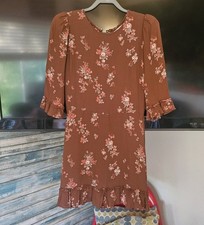 Reformation Brown/Pink/White Floral Round Neck 3/4 Bell Sleeve Shift Dress 10
