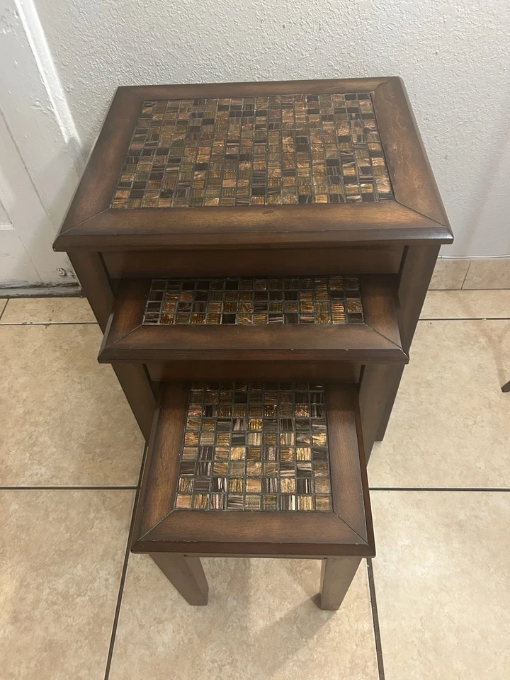 Wood Nesting Tables with Glass Mosaic Style Tile Inlay (Set of 3) - Image 2 of 4