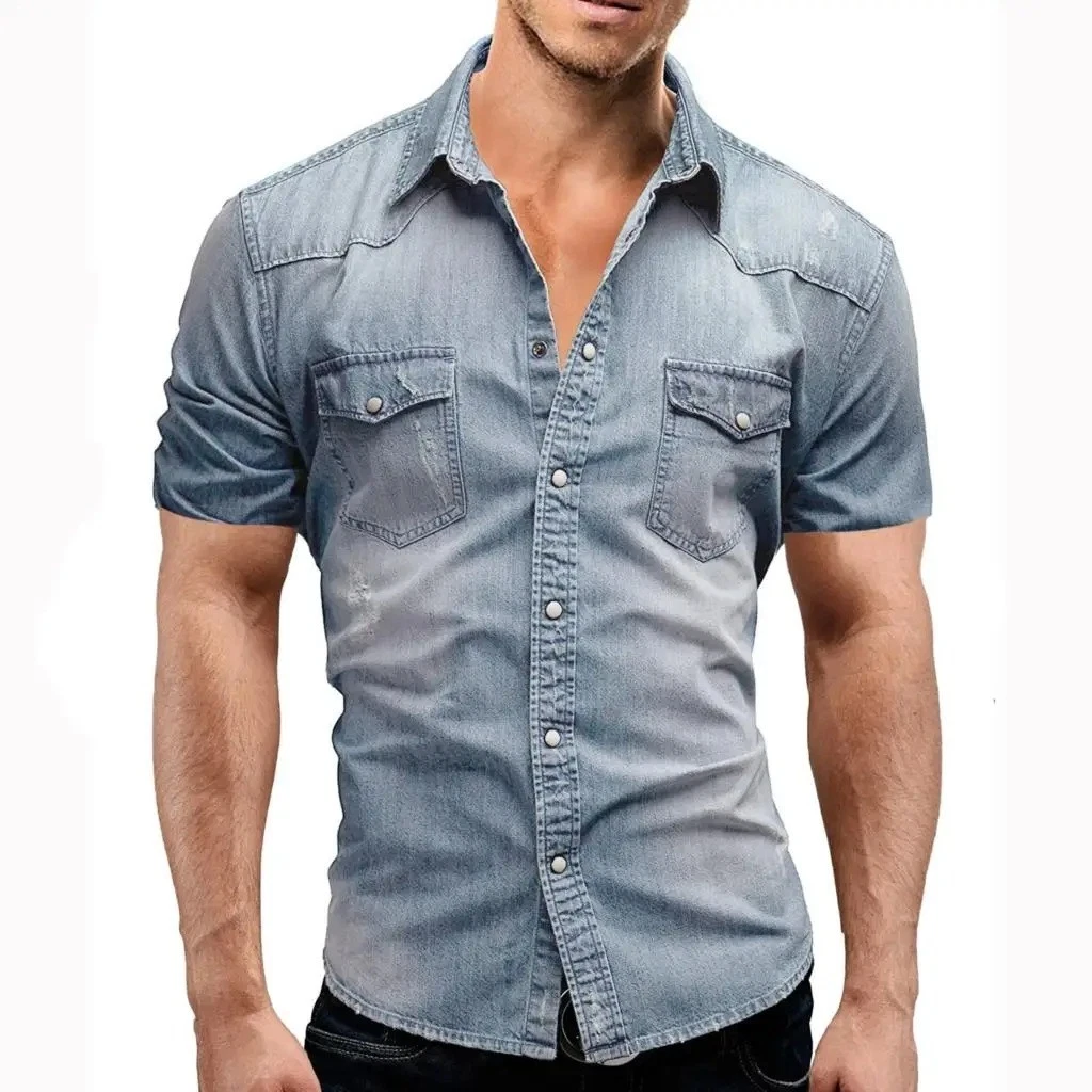 Men's Short Sleeve Shirt Thin Soft Cotton Slim Fit Elastic Jeans Cowboy To