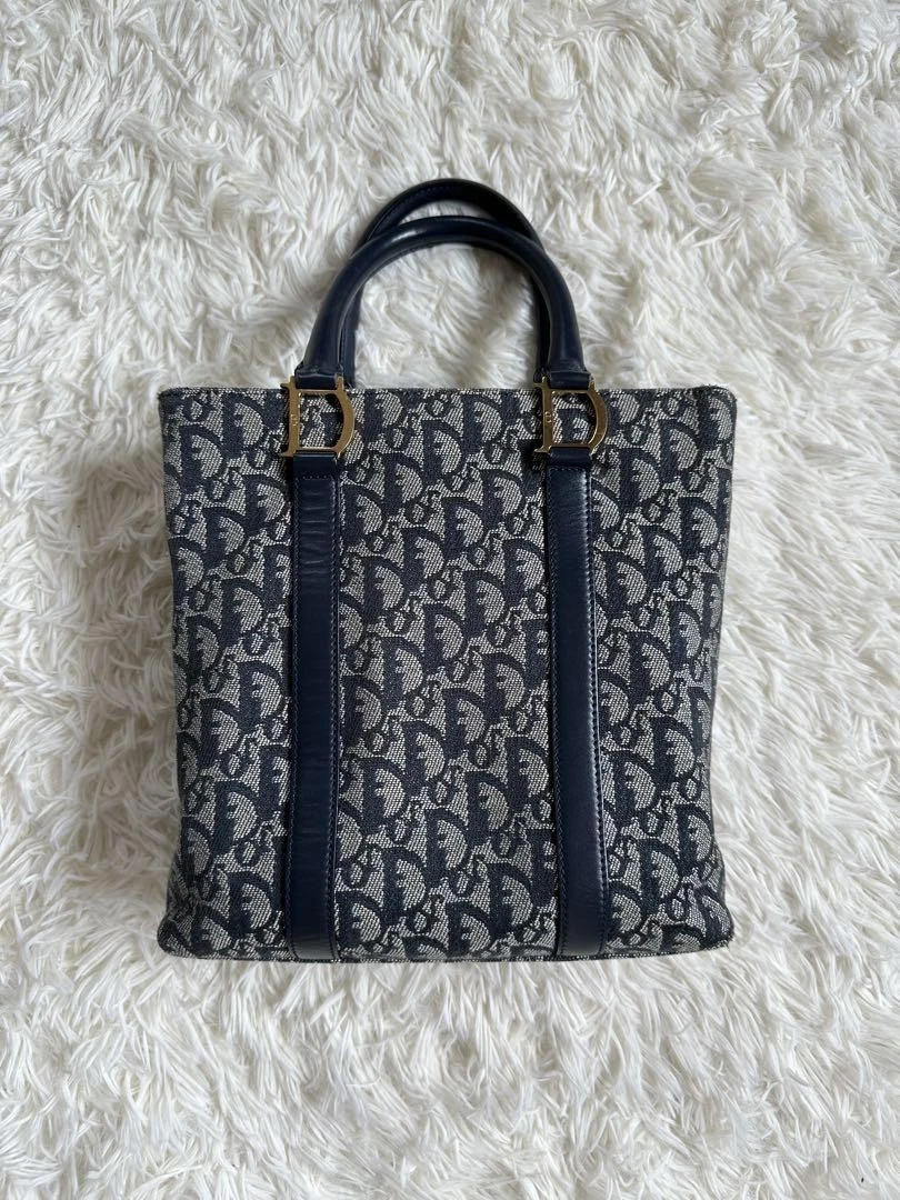 Sac fourre tout Christian Dior trotteur toile jacquard bleu marine 0415b