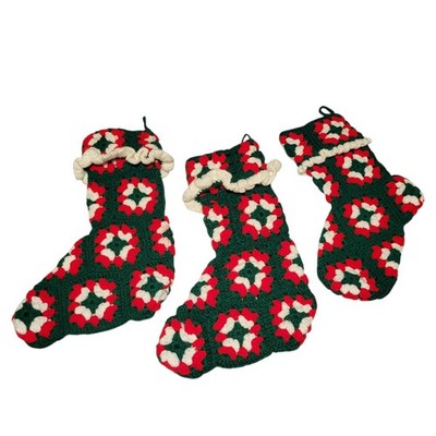 Vtg Granny Square Crocheted Christmas Stockings Handmade Lot x 3 Dark Green Red