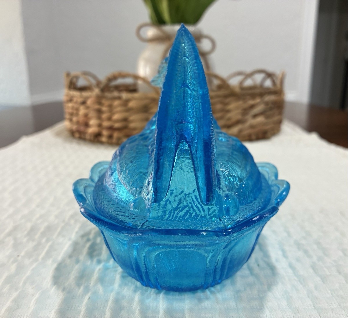 Rare Fenton Cerulean Blue Hen On Nest Basket w/ Split Tail Head