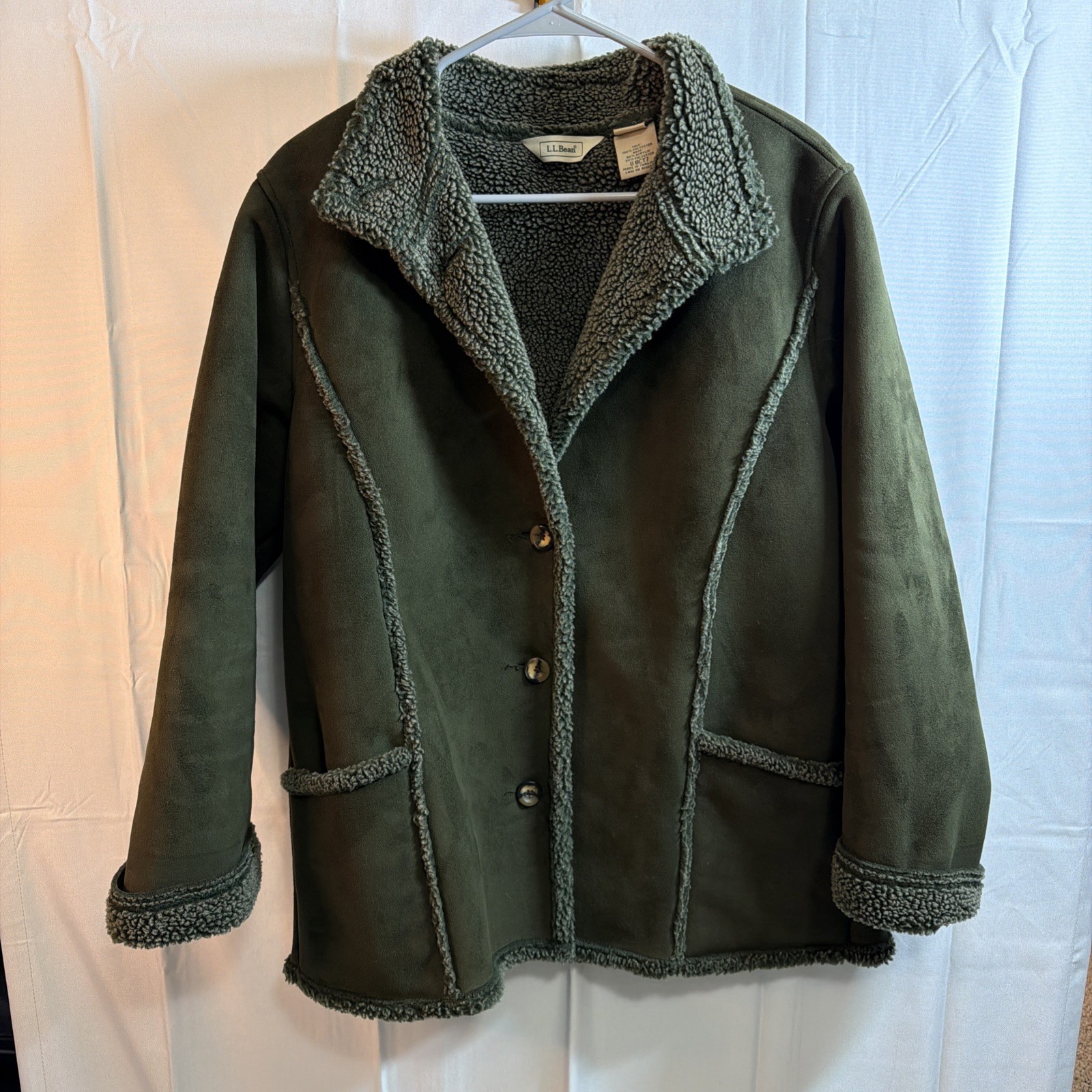 LL Bean Jacket Women Lrg Petite Green Faux Suede Sherpa Lined Coat Shearling Y2K