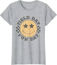 Field Day Fun Day 2025 Groovy Smile Face Checkered Ladies' Crewneck T-Shirt