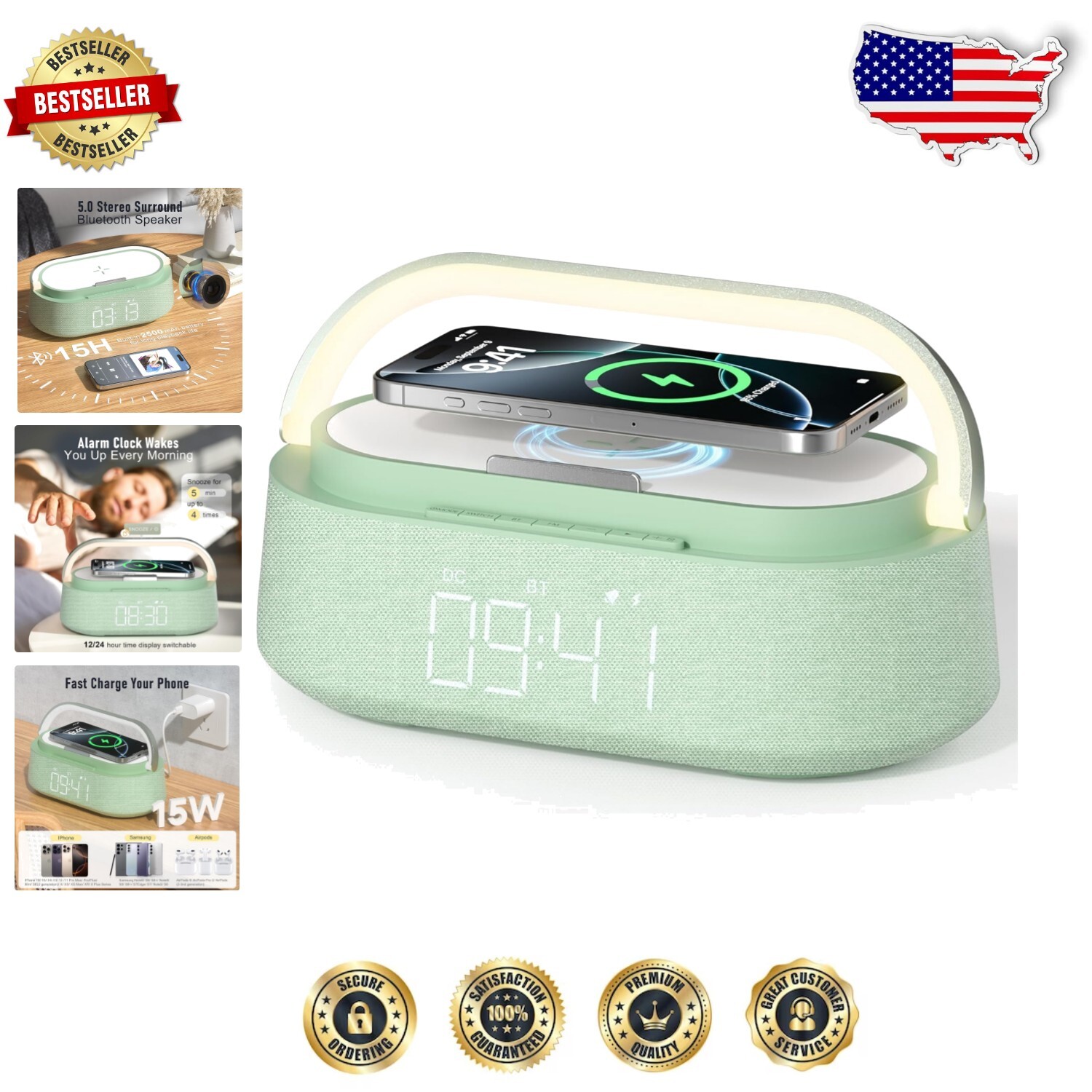 Portable 6-in-1 Alarm Clock with Bluetooth, Wireless Charging, and Night Light